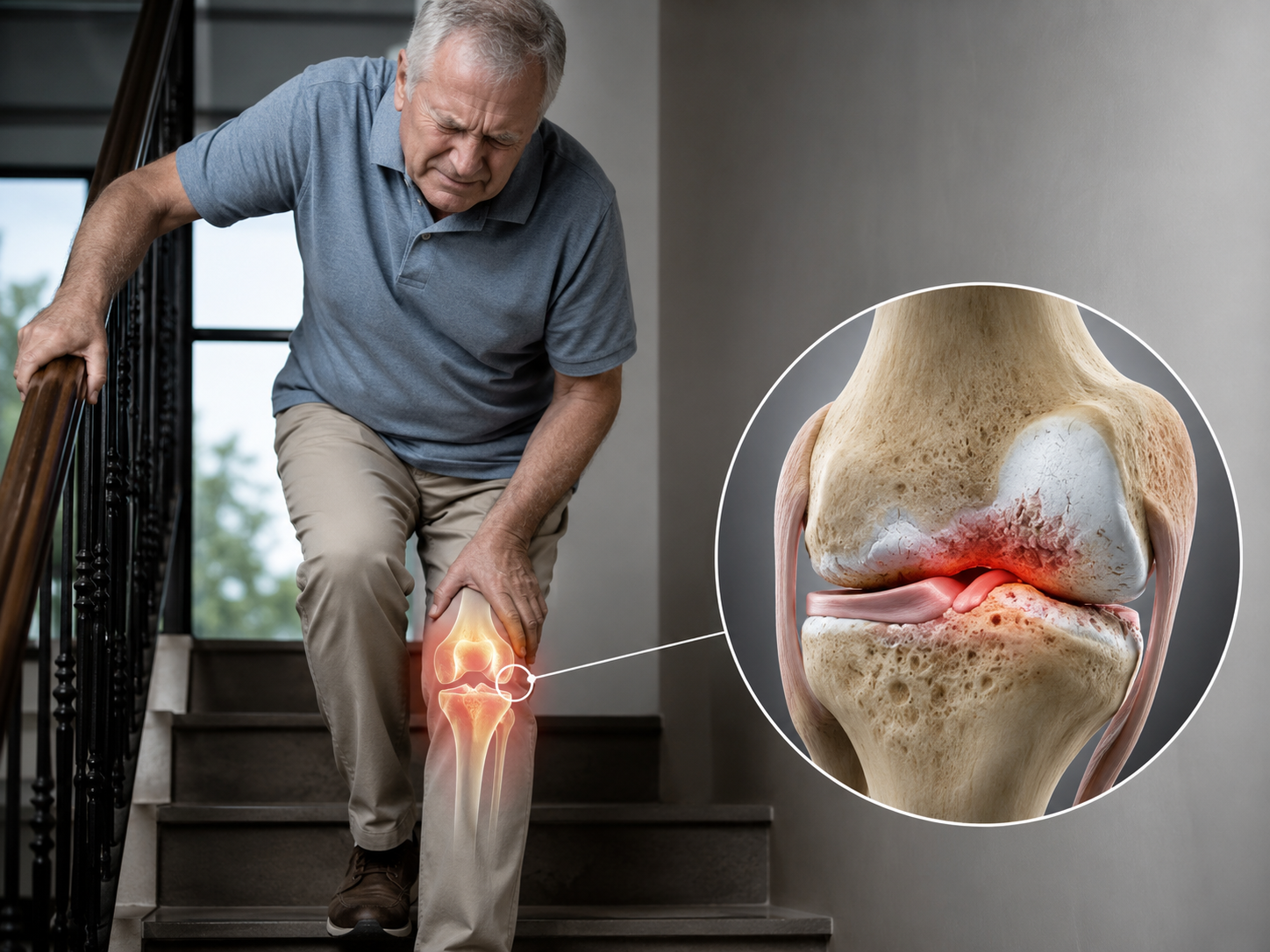 Persona anziana affaticata sulle scale con rappresentazione dell’usura della cartilagine